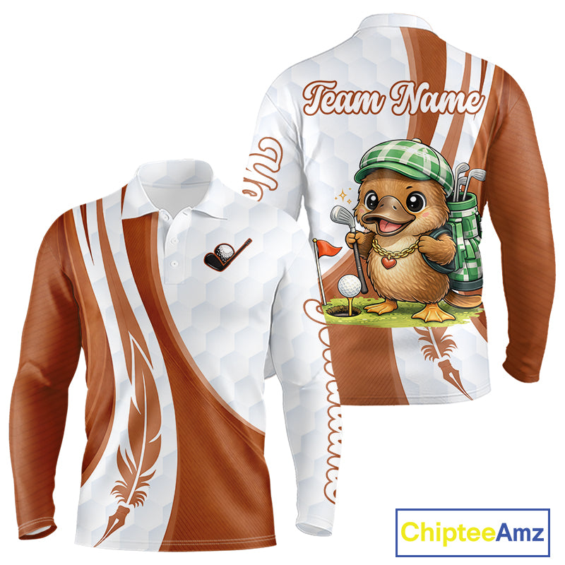 Funny Mens Golf Polo Shirt Custom Brown And White Platypus Pattern White Golf Shirts NHT576