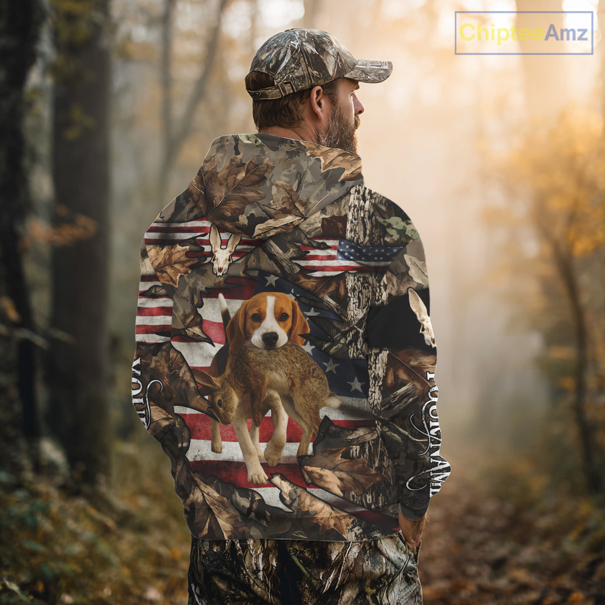 Rabbit Hunting with Beagle Skull 3D US Flag Forest Camo Custom Hunting Shirt – Hunting Gift NHT162
