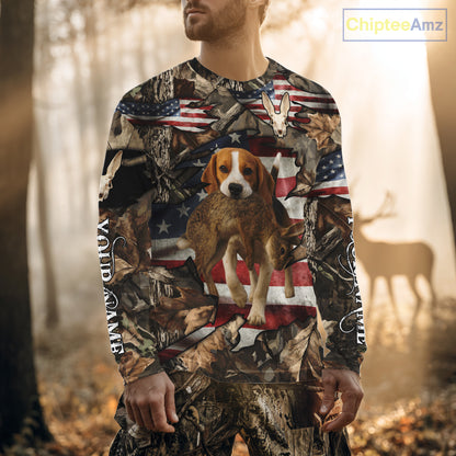 Rabbit Hunting with Beagle Skull 3D US Flag Forest Camo Custom Hunting Shirt – Hunting Gift NHT162