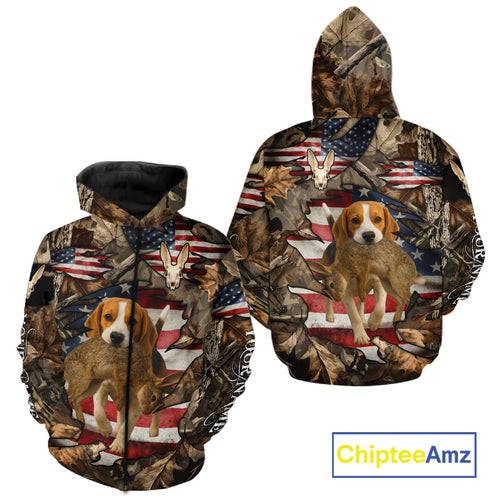 Rabbit Hunting with Beagle Skull 3D US Flag Forest Camo Custom Hunting Shirt – Hunting Gift NHT162