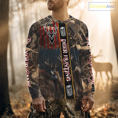 Whitetail Deer Camouflage US Flag Personalized Hunting Shirts, Hoodie Hunting Gift NHT321