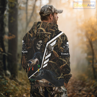 Waterfowl Hunting Shirt Camo Personalized with Black Lab Dog and Grim Reaper, Hunting Gifts NHT168