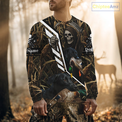 Waterfowl Hunting Shirt Camo Personalized with Black Lab Dog and Grim Reaper, Hunting Gifts NHT168