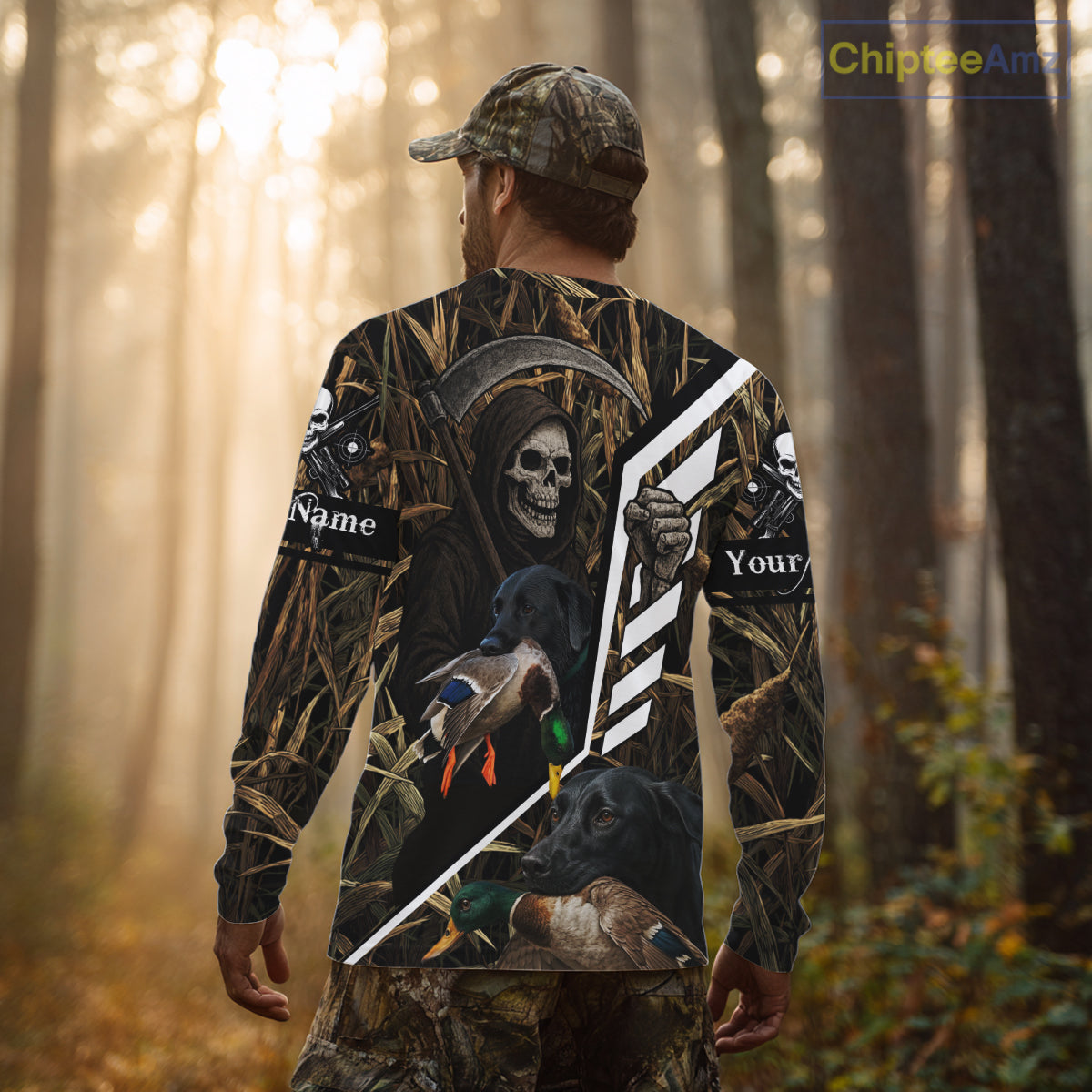 Waterfowl Hunting Shirt Camo Personalized with Black Lab Dog and Grim Reaper, Hunting Gifts NHT168
