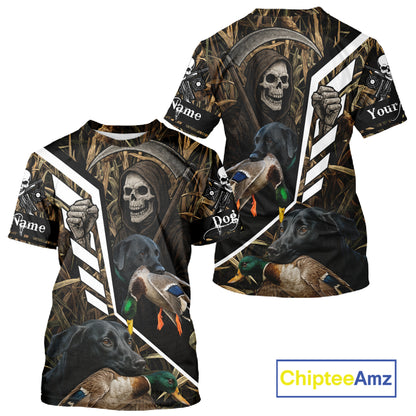 Waterfowl Hunting Shirt Camo Personalized with Black Lab Dog and Grim Reaper, Hunting Gifts NHT168