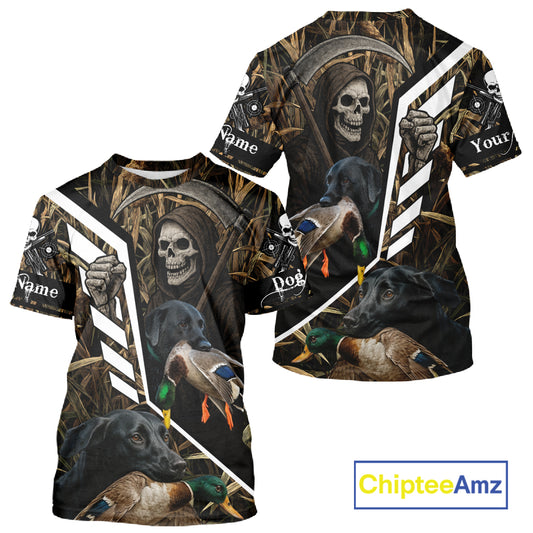Waterfowl Hunting Shirt Camo Personalized with Black Lab Dog and Grim Reaper, Hunting Gifts NHT168
