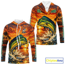 Load image into Gallery viewer, Personalized Mahi Mahi Dolphin Fish Fishing Shirt Long Sleeve Hooded – Sunset Ocean Design NHT433