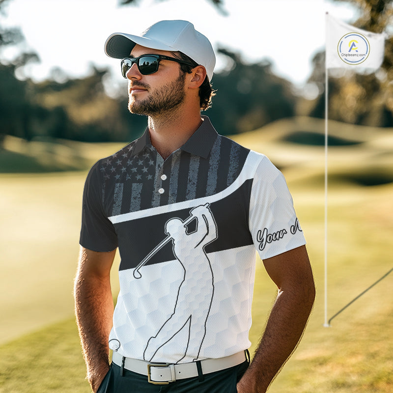 Mens Golf Polo Shirt American Flag Patriotic Golf Shirts Custom Name Golf Gifts For Mens NHT620
