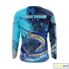 Load image into Gallery viewer, Marlin Fishing Blue Camo Custom Name Long Sleeve, Long Sleeve Hooded Fishing Shirt NHT453