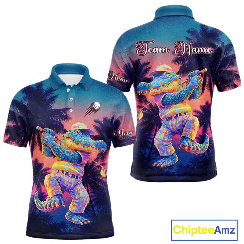 Funny Neon Alligator Golf Polo Shirts For Men Custom Team Alligator Golf Outfit, Golfer Gifts NHT663