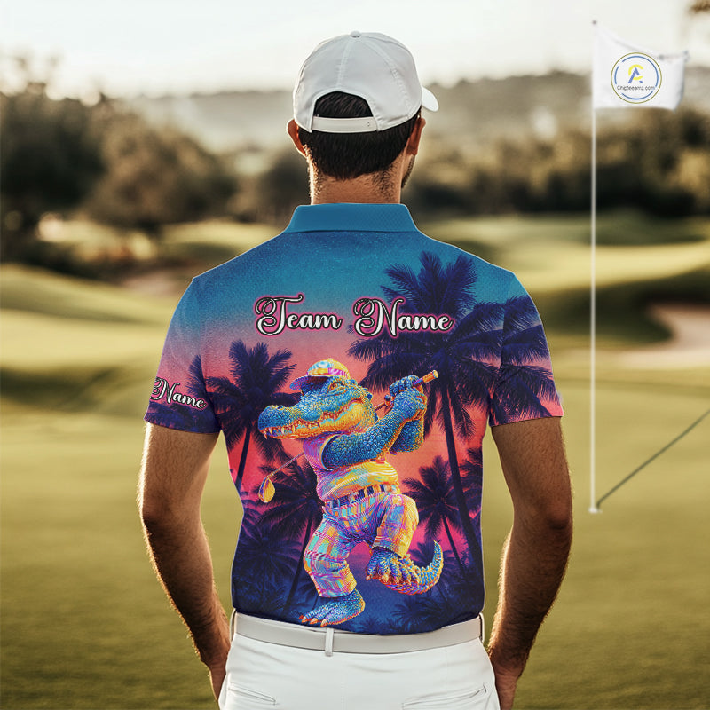 Funny Neon Alligator Golf Polo Shirts For Men Custom Team Alligator Golf Outfit, Golfer Gifts NHT663