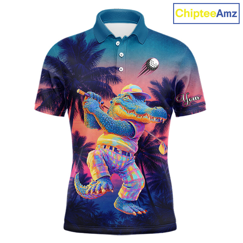 Funny Neon Alligator Golf Polo Shirts For Men Custom Team Alligator Golf Outfit, Golfer Gifts NHT663