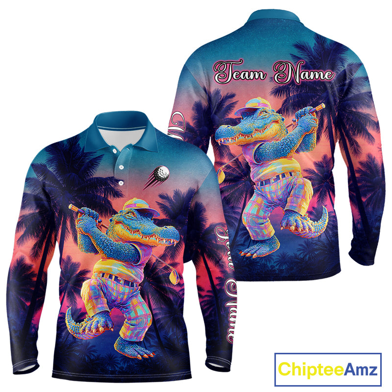 Funny Neon Alligator Golf Polo Shirts For Men Custom Team Alligator Golf Outfit, Golfer Gifts NHT663
