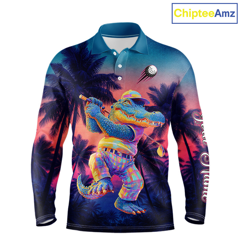 Funny Neon Alligator Golf Polo Shirts For Men Custom Team Alligator Golf Outfit, Golfer Gifts NHT663