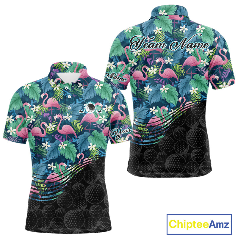 Flamingo Mens Golf Ball Polo Shirts, Colorful Tropical Flamingo Pattern, Tropical Golf Shirt NHT668