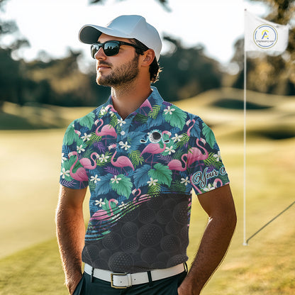 Flamingo Mens Golf Ball Polo Shirts, Colorful Tropical Flamingo Pattern, Tropical Golf Shirt NHT668