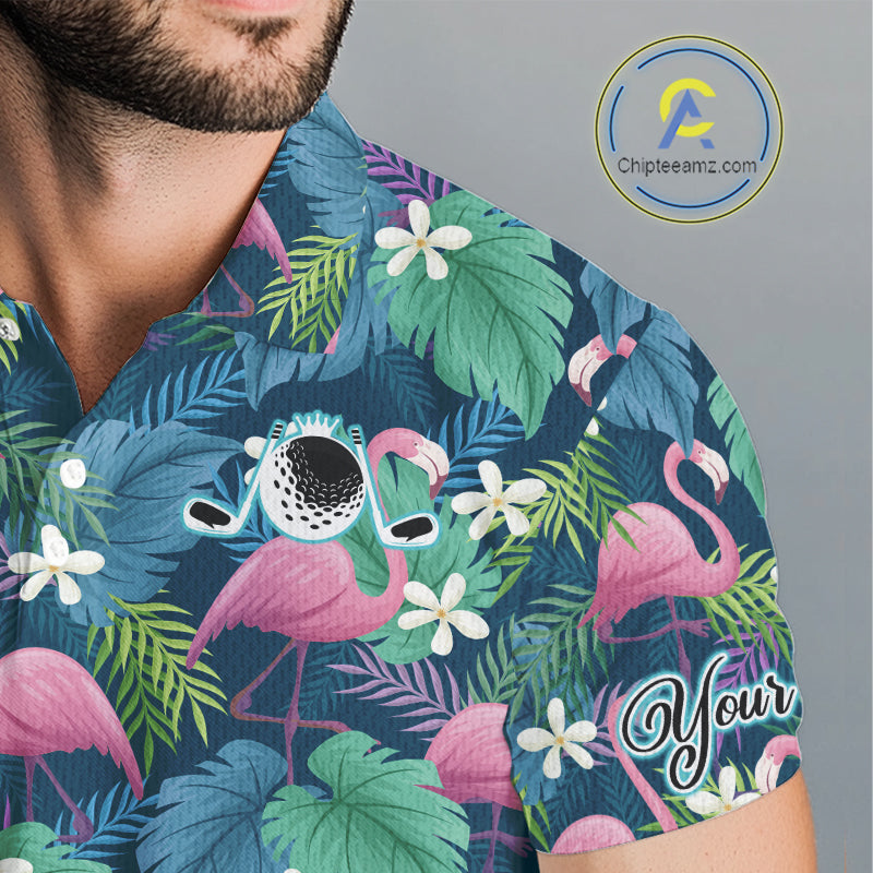 Flamingo Mens Golf Ball Polo Shirts, Colorful Tropical Flamingo Pattern, Tropical Golf Shirt NHT668