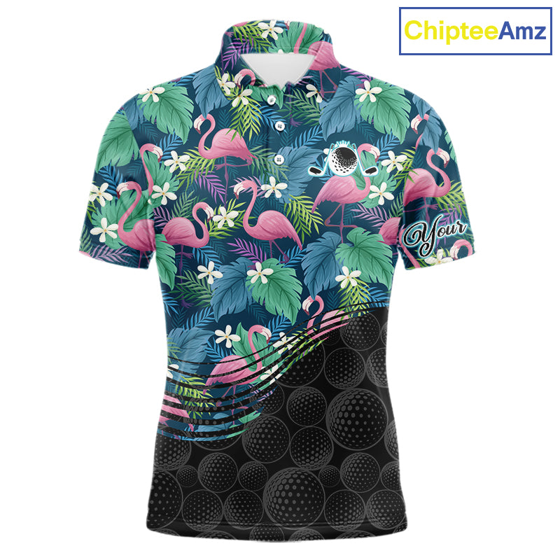 Flamingo Mens Golf Ball Polo Shirts, Colorful Tropical Flamingo Pattern, Tropical Golf Shirt NHT668