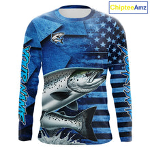 Load image into Gallery viewer, Chinook Salmon Fishing Shirts Long Sleeve With American Flag, Personalized Salmon Fishing Gift For Father Days NHT682