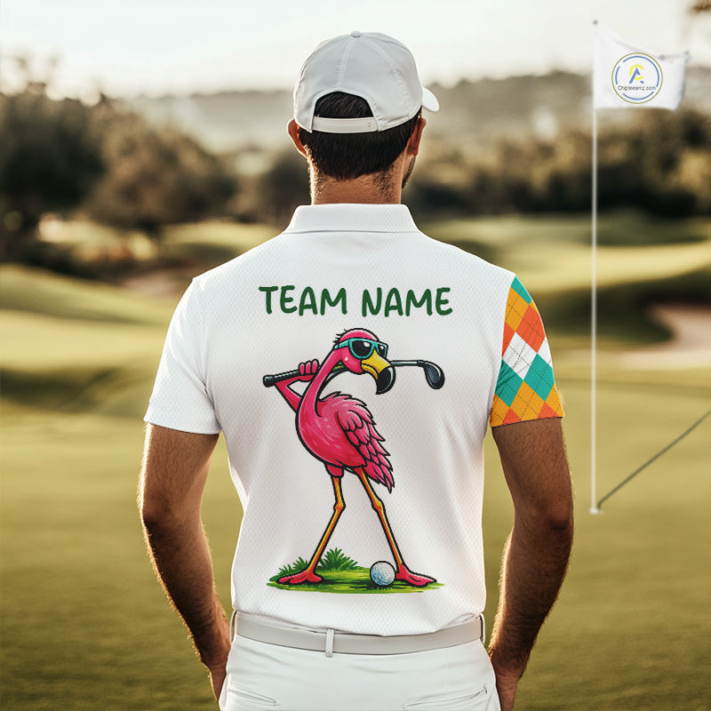 Funny Flamingo Mens Golf Polo Shirts Colorful Argyle Pattern Custom Name, Golf Gifts NBT562