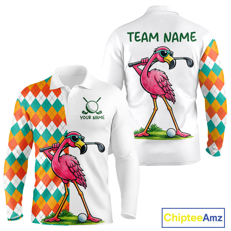 Funny Flamingo Mens Golf Polo Shirts Colorful Argyle Pattern Custom Name, Golf Gifts NBT562