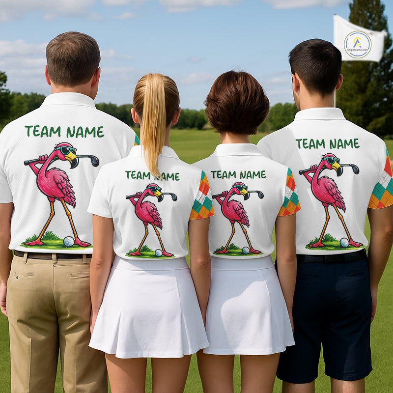 Funny Flamingo Mens Golf Polo Shirts Colorful Argyle Pattern Custom Name, Golf Gifts NBT562