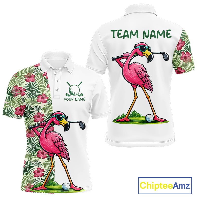 Funny Flamingo Mens Golf Polo Shirts Floral Tropical Leaf Flamingo Custom Name, Golf Gifts NBT564