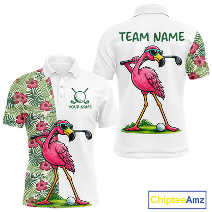 Funny Flamingo Mens Golf Polo Shirts Floral Tropical Leaf Flamingo Custom Name, Golf Gifts NBT564