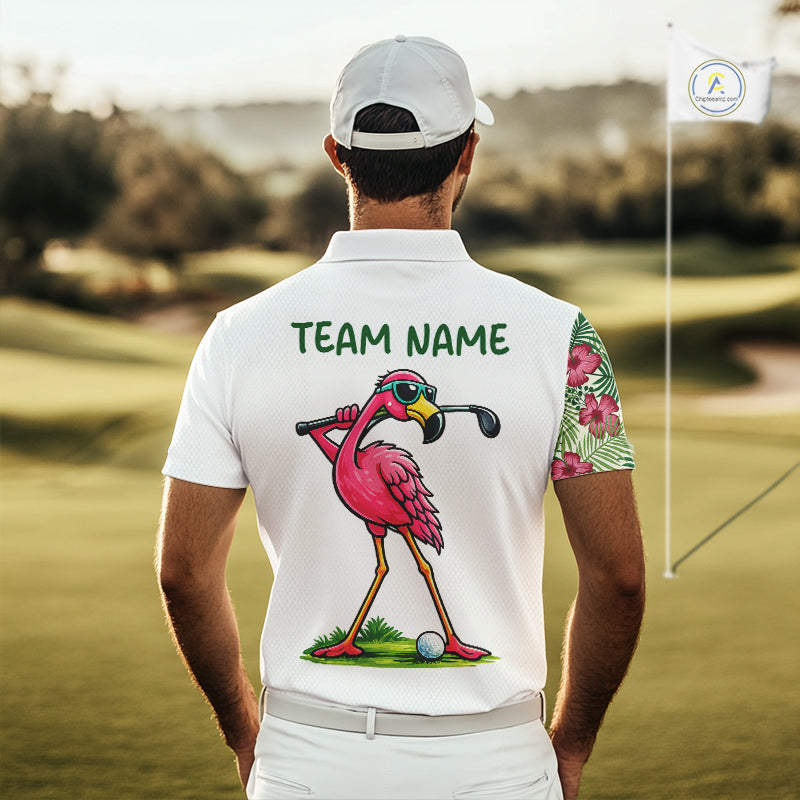 Funny Flamingo Mens Golf Polo Shirts Floral Tropical Leaf Flamingo Custom Name, Golf Gifts NBT564
