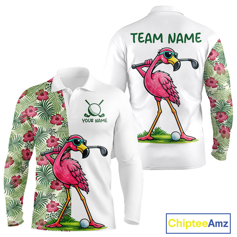 Funny Flamingo Mens Golf Polo Shirts Floral Tropical Leaf Flamingo Custom Name, Golf Gifts NBT564