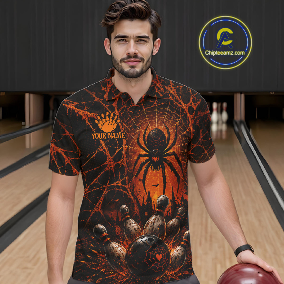 Orange And Black Spider Custom Halloween Bowling Team Shirts For Men, Bowling Gifts NBT961