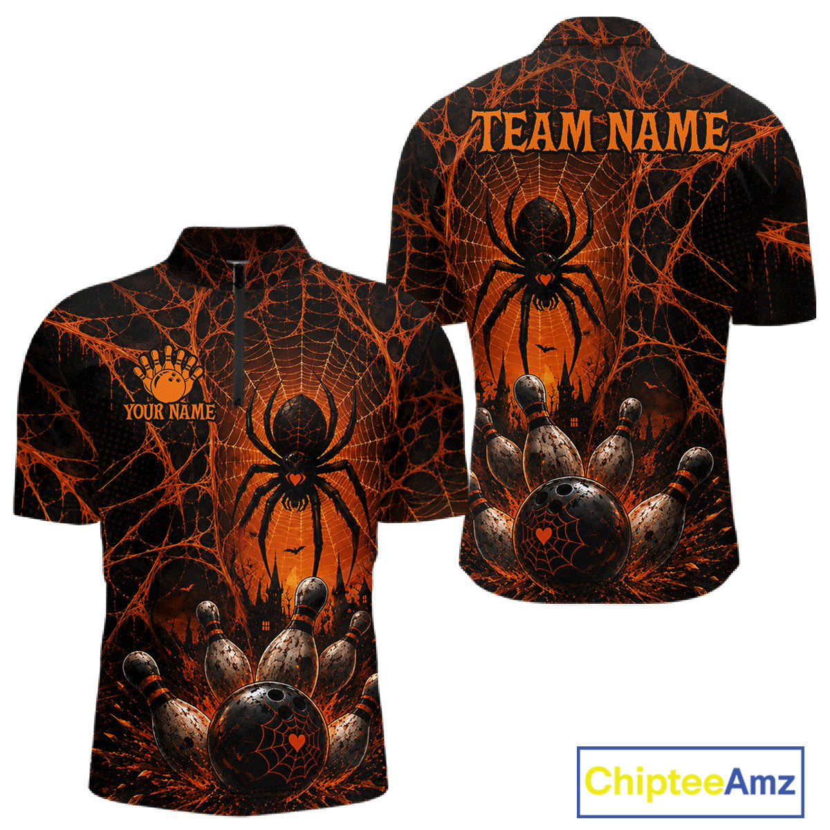 Orange And Black Spider Custom Halloween Bowling Team Shirts For Men, Bowling Gifts NBT961