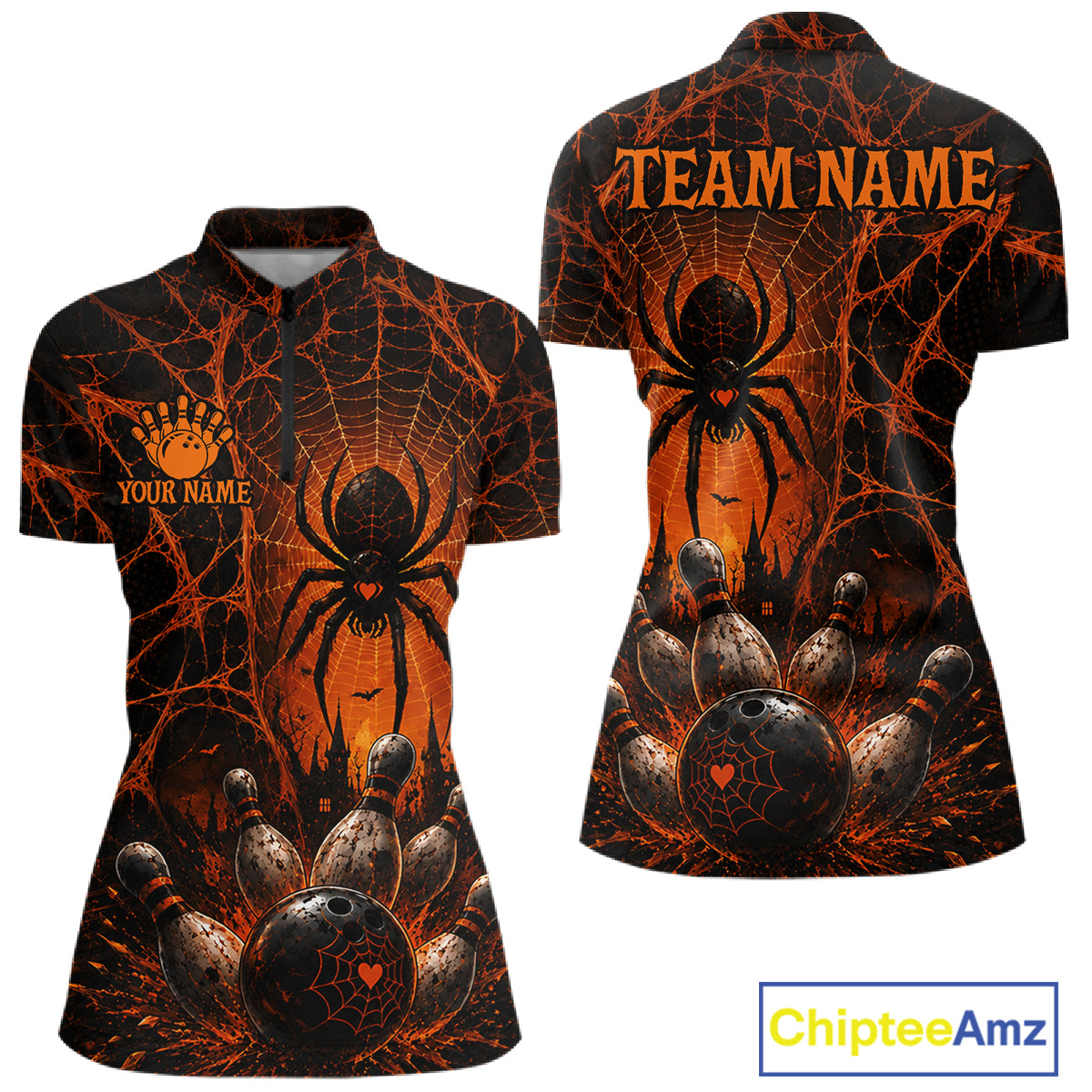 Orange And Black Spider Custom Halloween Bowling Team Shirts For Women, Bowling Gifts NBT961