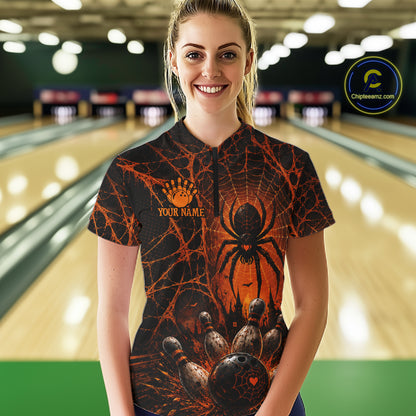 Orange And Black Spider Custom Halloween Bowling Team Shirts For Women, Bowling Gifts NBT961
