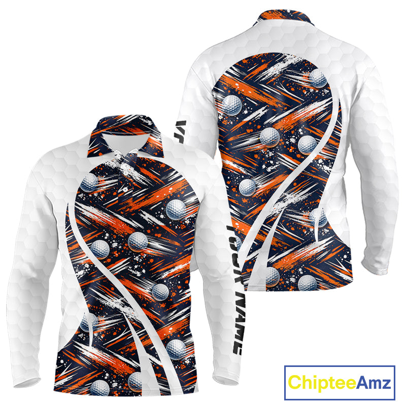 Mens Golf Polo Shirts Custom Black And Orange Golf Ball Pattern Golf Attire For Mens, Golfer Gifts NBT573