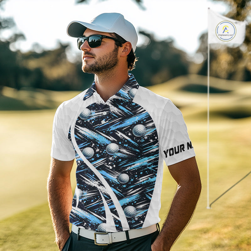 Mens Golf Polo Shirts Custom Black And Blue Golf Ball Pattern Golf Attire For Mens, Golfer Gifts NBT575