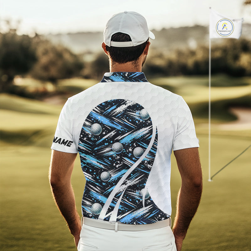 Mens Golf Polo Shirts Custom Black And Blue Golf Ball Pattern Golf Attire For Mens, Golfer Gifts NBT575