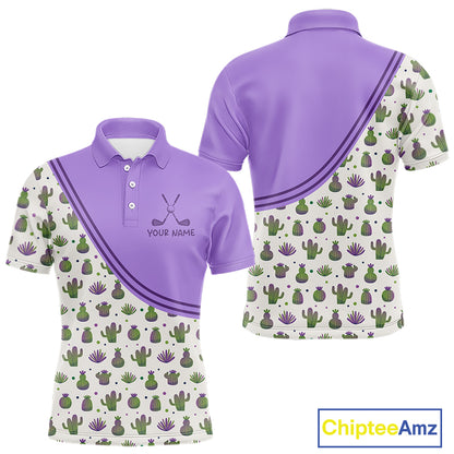 Personalized Funny Purple Cactus Pattern Mens Golf Polo Shirts Custom Cactus Golf Shirt, Golfer Gifts NBT707
