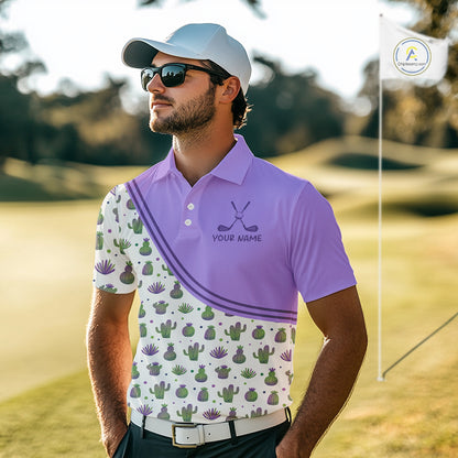 Personalized Funny Purple Cactus Pattern Mens Golf Polo Shirts Custom Cactus Golf Shirt, Golfer Gifts NBT707