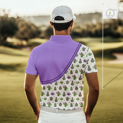 Personalized Funny Purple Cactus Pattern Mens Golf Polo Shirts Custom Cactus Golf Shirt, Golfer Gifts NBT707
