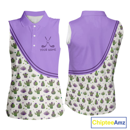Personalized Funny Purple Cactus Pattern Womens Sleeveless Golf Polo Shirts Custom Cactus Golf Shirt, Golfer Gifts  NBT707