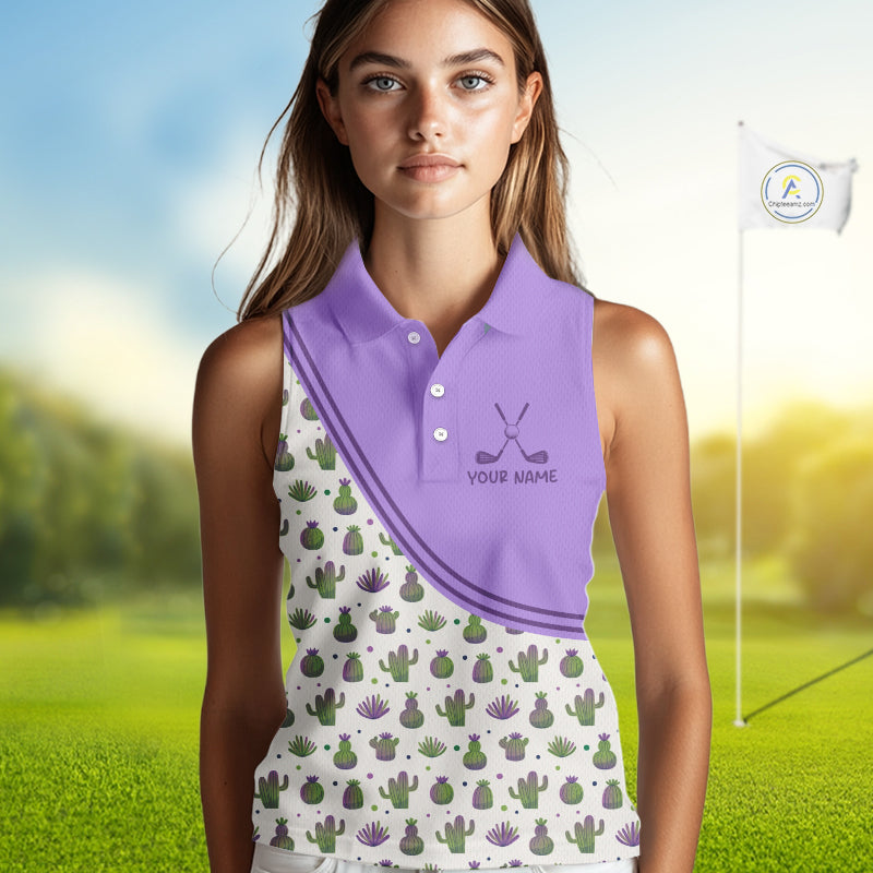 Personalized Funny Purple Cactus Pattern Womens Sleeveless Golf Polo Shirts Custom Cactus Golf Shirt, Golfer Gifts  NBT707