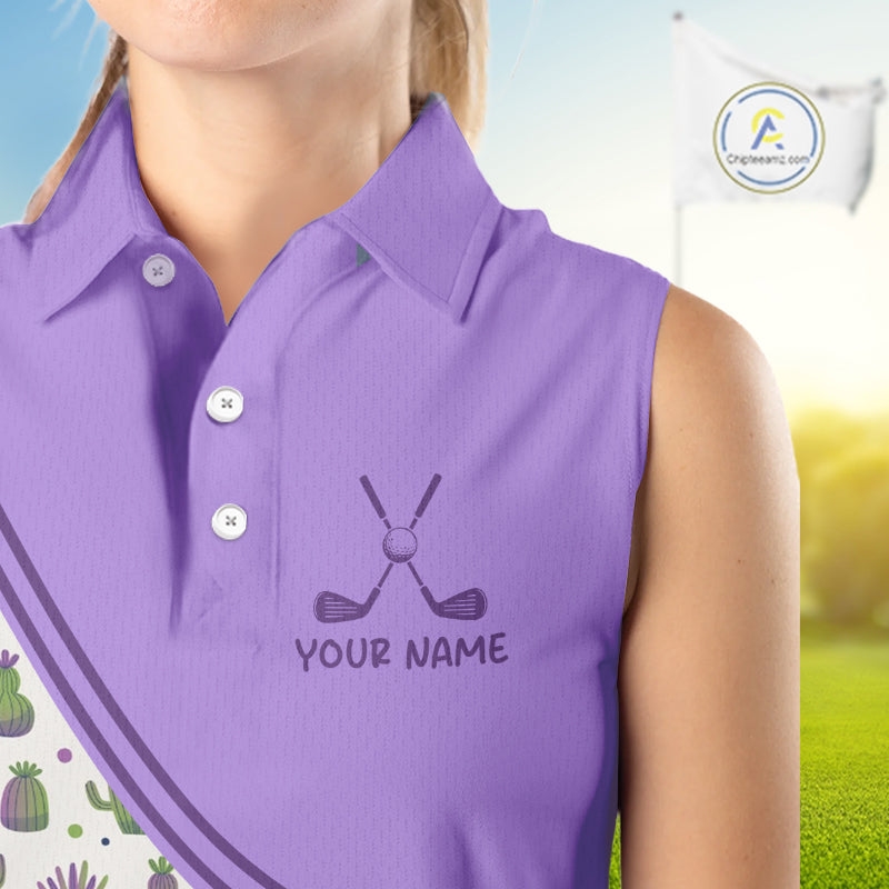 Personalized Funny Purple Cactus Pattern Womens Sleeveless Golf Polo Shirts Custom Cactus Golf Shirt, Golfer Gifts  NBT707