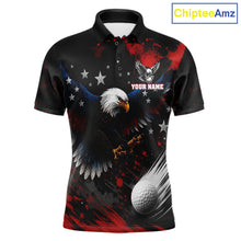 Load image into Gallery viewer, Front view of Red White Blue American flag eagle mens golf polo shirt with custom name on the chest