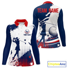 Load image into Gallery viewer, Front view of womens golf polo shirt American flag patriotic custom name white with personalized name