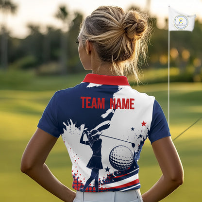 Woman on a golf course wearing a American flag patriotic custom name white golf shirt with 'TEAM NAME' on the back.