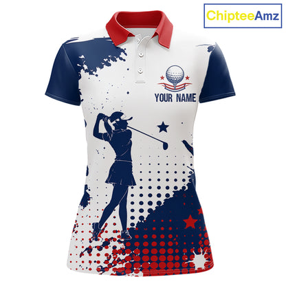 Front view of womens golf polo shirt American flag patriotic custom name white