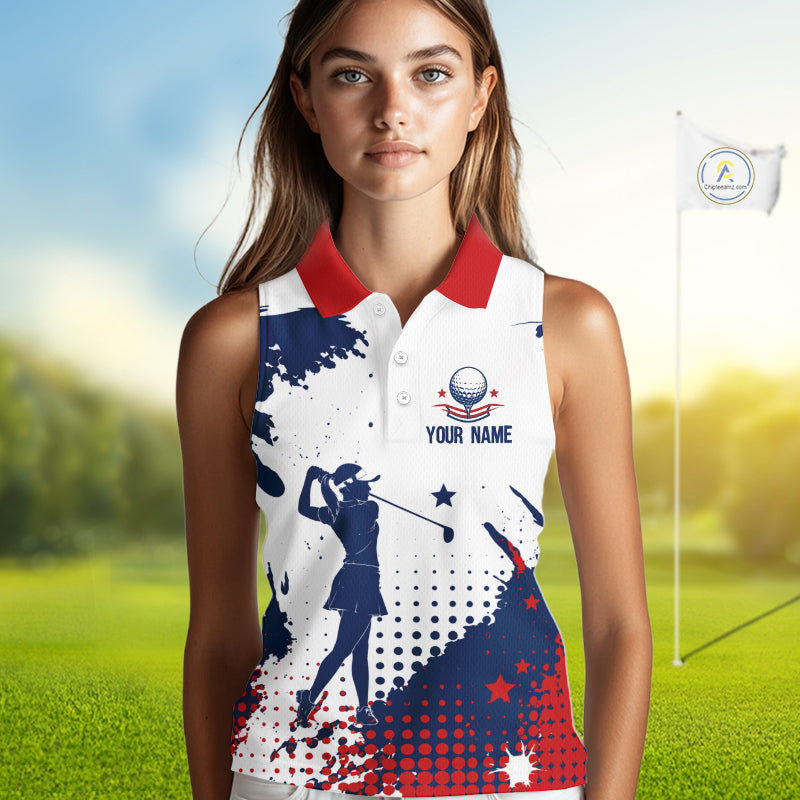 Womens Sleeveless Golf Polo Shirt American Flag Patriotic Custom Name White Tournament Golf Shirt, Golf Gift NBT812