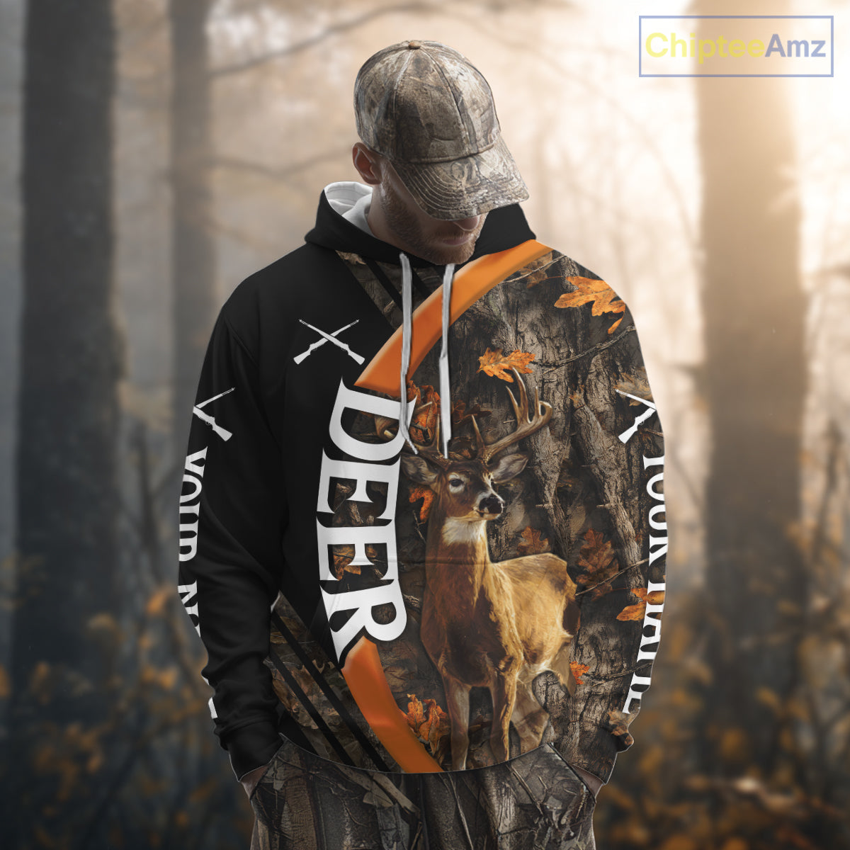 Whitetail Deer Hunting Shirt Custom Name Orange Autumn Leaves Camo, Season Hunting Hoodies For Men NBT307