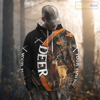 Whitetail Deer Hunting Shirt Custom Name Orange Autumn Leaves Camo, Season Hunting Hoodies For Men NBT307